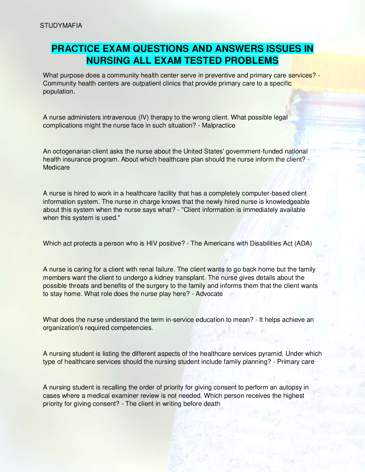 Preview image for PRACTICE EXAM QUESTIONS AND ANSWERS ISSUES IN NURSING ALL EXAM TESTED PROBLEMS